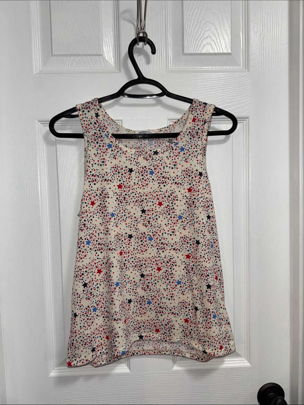 Sleeveless Star-Print Tank Top in Ivory with Red & Blue Stars